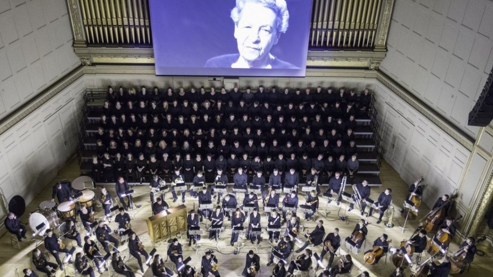 A performance of 'Defiant Requiem: Verdi at Terezin' at Boston's Symphony Hall on April 27, 2015. Originally led by conductor Raphael Schachter, 150 Terezin inmates learned Verdi's Requiem mass by rote, and performed it sixteen times. (photo credit: Michael J. Lutch)