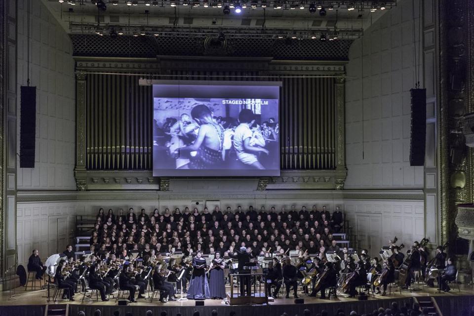 A performance of ‘Defiant Requiem: Verdi at Terezin’ at Boston’s Symphony Hall on April 27, 2015. Originally led by conductor Raphael Schachter, 150 Terezin inmates learned Verdi’s Requiem mass by rote, and performed it sixteen times. (photo credit: Michael J. Lutch)